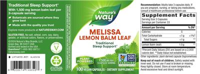 Photo of the Nature's Way Melissa Lemon Balm Leaf 1,500 mg label