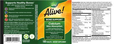 Photo of the Nature's Way Alive! Calcium Bone Support label
