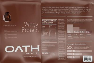 Photo of the Oath Nutrition Whey Protein Chocolate Brownie label