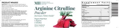 Photo of the MH Michael's Health Naturopathic Programs Arginine Citrulline Powder label