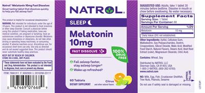 Photo of the Natrol Melatonin 10 mg Fast Dissolve Citrus label