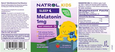 Photo of the Natrol Kids Melatonin 1 mg Fast Dissolve Strawberry label