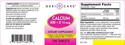 Photo of the Geri-Care Calcium 600 + D 10 mcg label