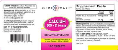 Photo of the Geri-Care Calcium 600 + D 10 mcg label