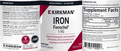 Photo of the Kirkman Iron Ferrochel 5 mg label