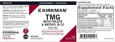 Photo of the Kirkman TMG 500 mg with Folate & Methyl B-12 label