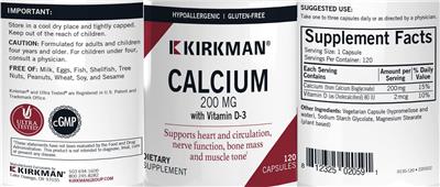 Photo of the Kirkman Calcium 200 mg label