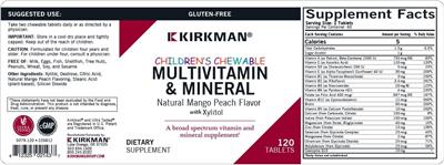Photo of the Kirkman Children's Chewable Multivitamin & Mineral with Xylitol Natural Mango Peach Flavor label