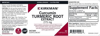Photo of the Kirkman Curcumin Turmeric Root Extract 275 mg label