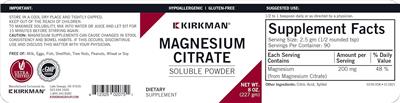 Photo of the Kirkman Magnesium Citrate Soluble Powder label