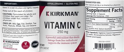 Photo of the Kirkman Vitamin C 250 mg label