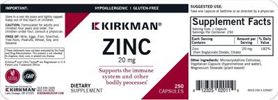 Photo of the Kirkman Zinc 20 mg label