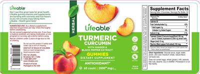Photo of the Lifeable Turmeric Curcumin 2000 mg Peach Flavor label
