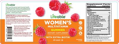 Product label for Women's Multivitamin Gummies Raspberry Flavor