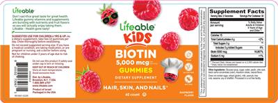 Photo of the Lifeable Kids Biotin 5,000 mcg Gummies Raspberry Flavor label