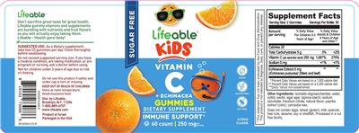 Photo of the Lifeable Kids Vitamin C 250 mg + Echinacea Sugar Free Gummies Citrus Flavor label