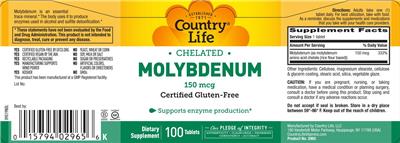 Photo of the Country Life Chelated Molybdenum 150 mcg label