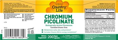 Photo of the Country Life Chromium Picolinate label