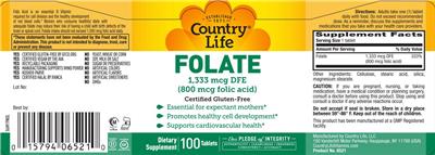 Photo of the Country Life Folate 1,333 mcg DFE (800 mcg Folic Acid) label