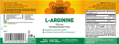 Photo of the Country Life L-Arginine Capsules 500 mg label