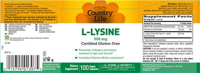 Photo of the Country Life L-Lysine 500 mg label