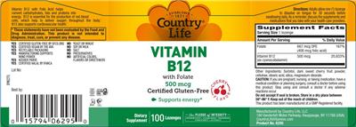 Photo of the Country Life Vitamin B12 with Folate 500 mcg Cherry Flavor label