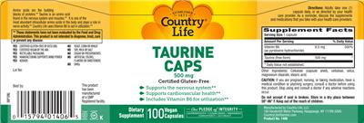 Photo of the Country Life Taurine Caps 500 mg label