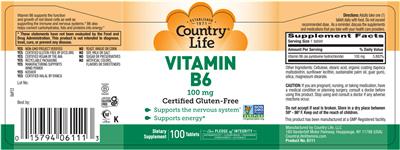 Photo of the Country Life Vitamin B6 100 mg label