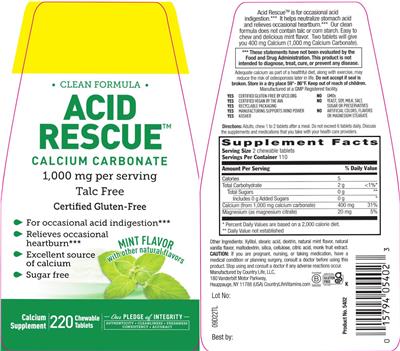 Photo of the Country Life Acid Rescue Mint Flavor label
