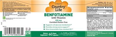 Photo of the Country Life Benfotiamine 150 mg with Thiamin label