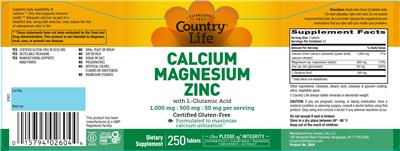 Photo of the Country Life Calcium 1,000 mg Magnesium 500 mg Zinc 50 mg with L-Glutamic Acid label