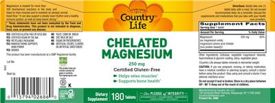 Photo of the Country Life Chelated Magnesium 250 mg label