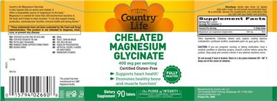Photo of the Country Life Chelated Magnesium Glycinate 400 mg label