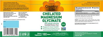 Photo of the Country Life Chelated Magnesium Glycinate 400 mg label