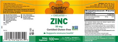Photo of the Country Life Chelated Zinc 50 mg label