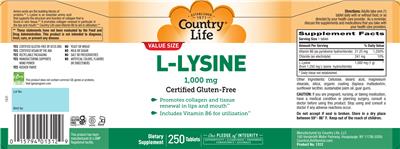 Photo of the Country Life L-Lysine 1,000 mg label