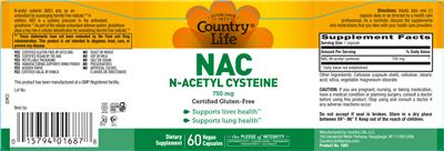 Photo of the Country Life NAC N-Acetyl Cysteine 750 mg label