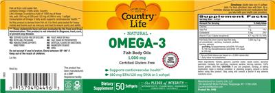 Photo of the Country Life Omega-3 Fish Body Oils 1,000 mg label