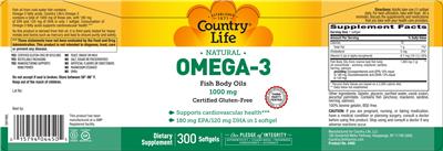 Photo of the Country Life Omega-3 Fish Body Oils 1000 mg label