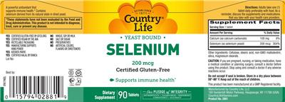 Photo of the Country Life Selenium 200 mcg label
