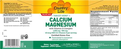 Photo of the Country Life Target-Mins Calcium Magnesium with Vitamin D Complex label