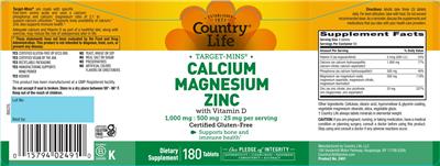 Photo of the Country Life Target-Mins Calcium 1,000 mg Magnesium 500 mg Zinc 25 mg with Vitamin D label