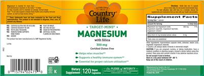 Photo of the Country Life Target-Mins Magnesium with Silica 300 mg label