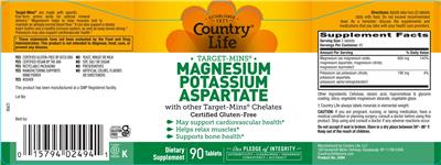 Photo of the Country Life Target-Mins Magnesium Potassium Aspartate label