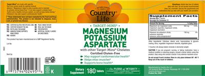 Photo of the Country Life Target-Mins Magnesium Potassium Aspartate label