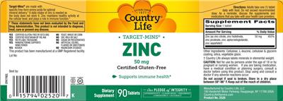 Photo of the Country Life Target-Mins Zinc 50 mg label