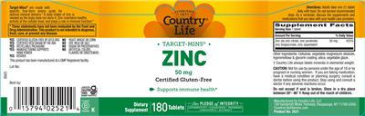 Photo of the Country Life Target-Mins Zinc 50 mg label