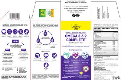 Photo of the Country Life Ultra Concentrated Omega 3-6-9 Complete Natural Lemon Flavored label