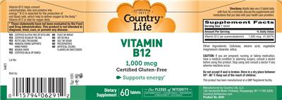 Photo of the Country Life Vitamin B12 1,000 mcg label