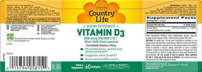Photo of the Country Life Vitamin D3 10,000 IU (250 mcg) label